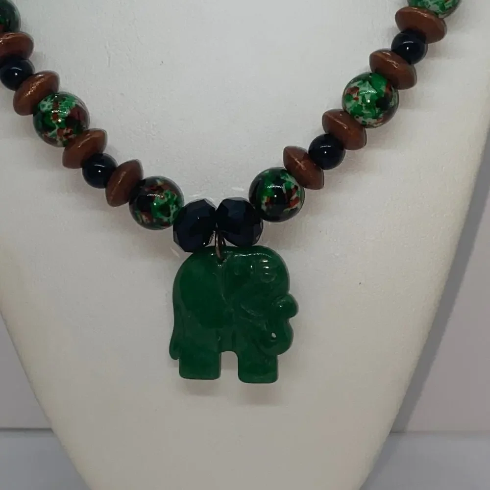 Handmade Bead Black Brown Green Elephant Necklace